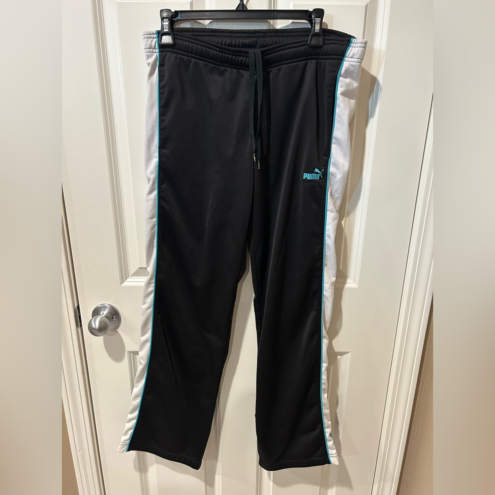 Sale Preloved Puma Black Track Pants with White Stripes boot cut
